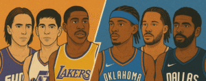 old school point guards, steve nash, john stockton, and magic johnson contrasted with newer point guards, shai gilgeous-alexnder, jalen brunson, and kyrie irving